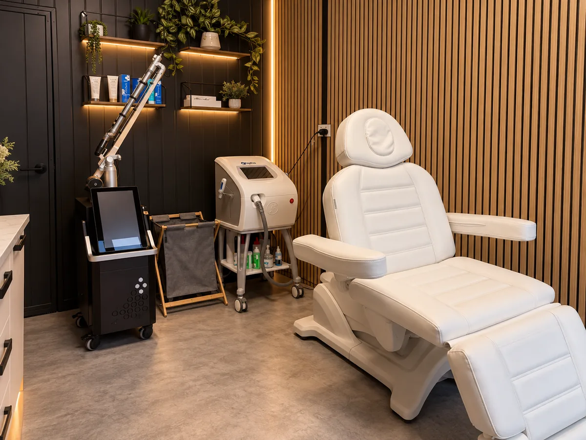 The laser treatment room at Asylum, with a white treatment chair and laser equipment