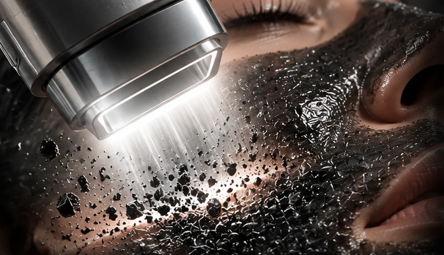 Illustration of a big spot laser handpiece delivering light to a thin layer of carbon on the skin, breaking it into tiny particles