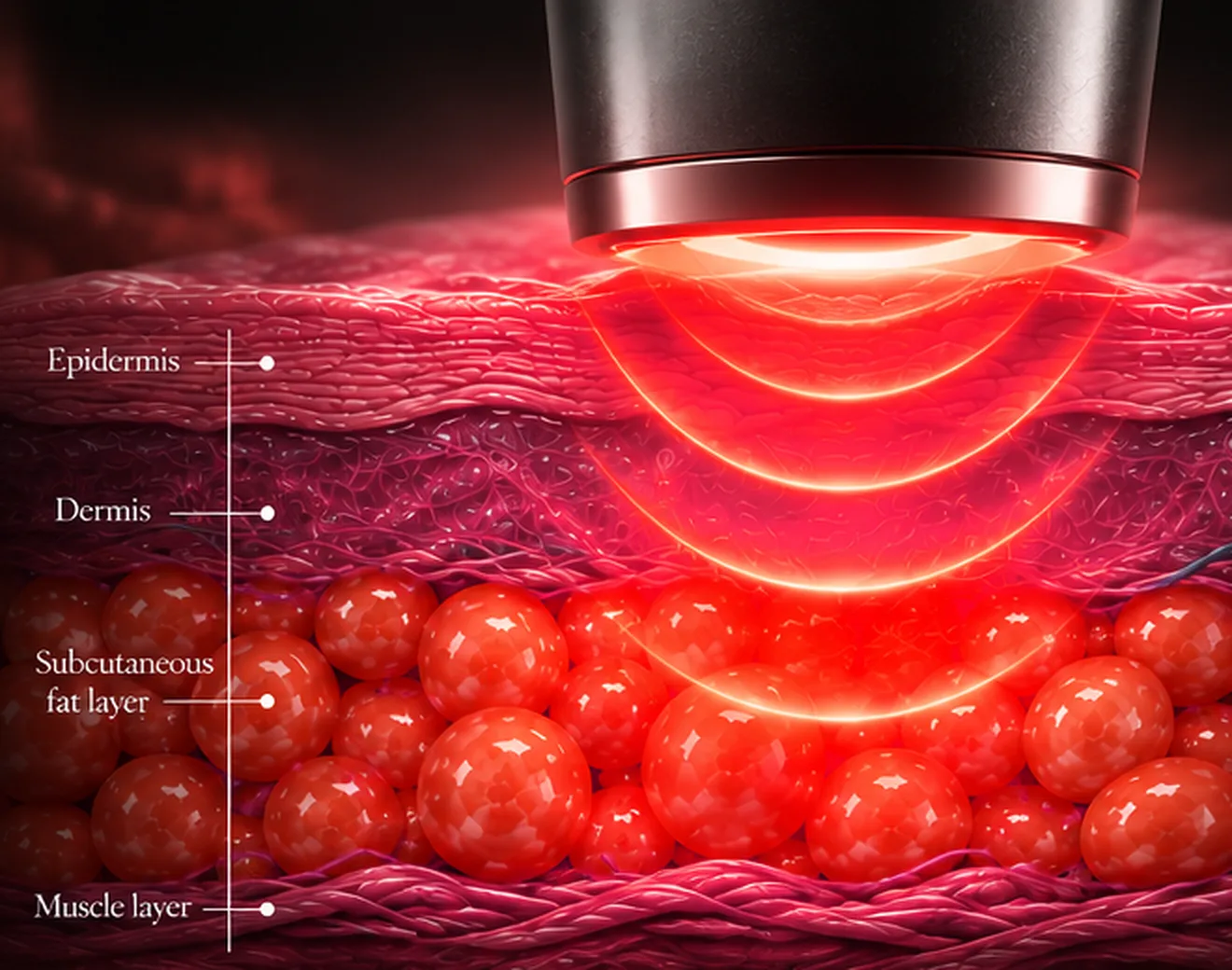 Illustration of an RF applicator over a cross-section of skin, showing the epidermis, dermis, subcutaneous fat layer and muscle layer