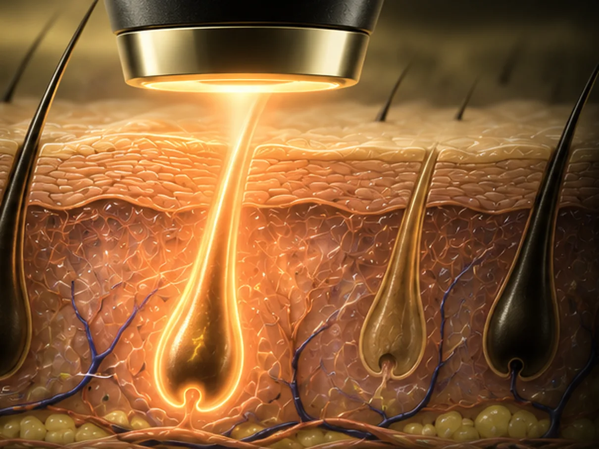 Illustration of a laser applicator over a cross-section of skin, showing hair follicles and the light energy reaching the follicle