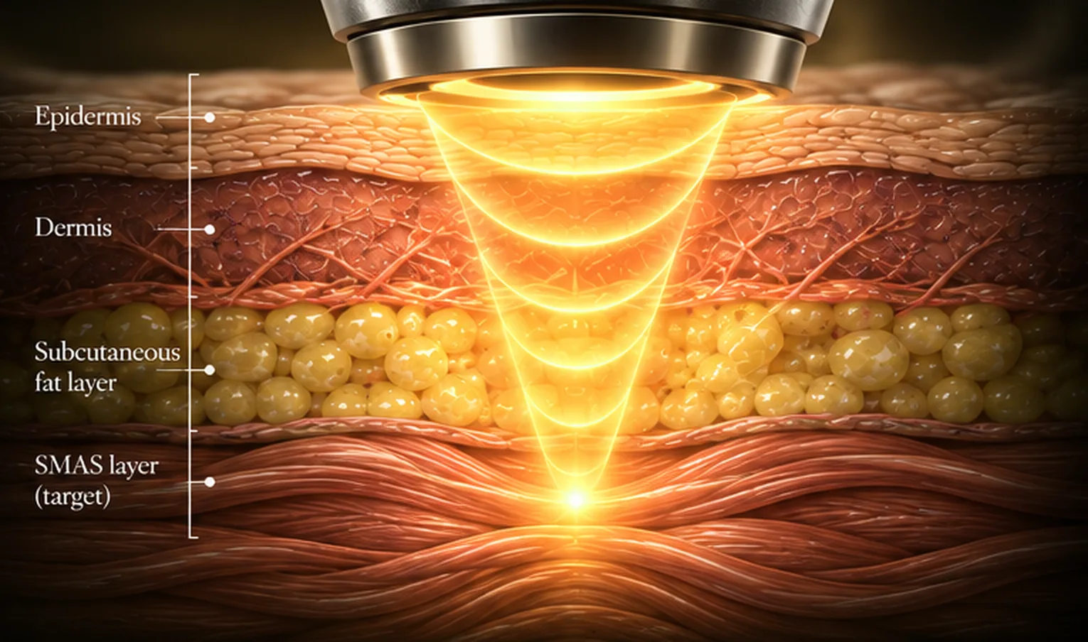 Illustration of focused ultrasound energy converging beneath the skin, passing through the epidermis, dermis and fat layer to the deeper supporting layer