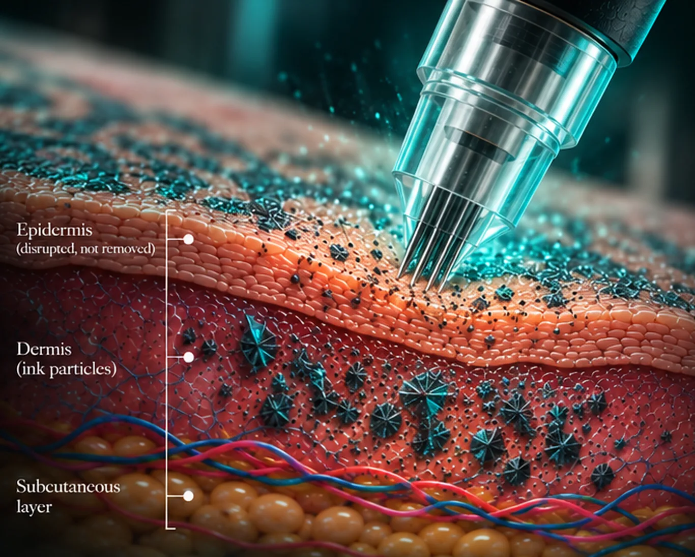 Illustration of a needle cartridge treating tattooed skin, disrupting the epidermis above ink particles held in the dermis