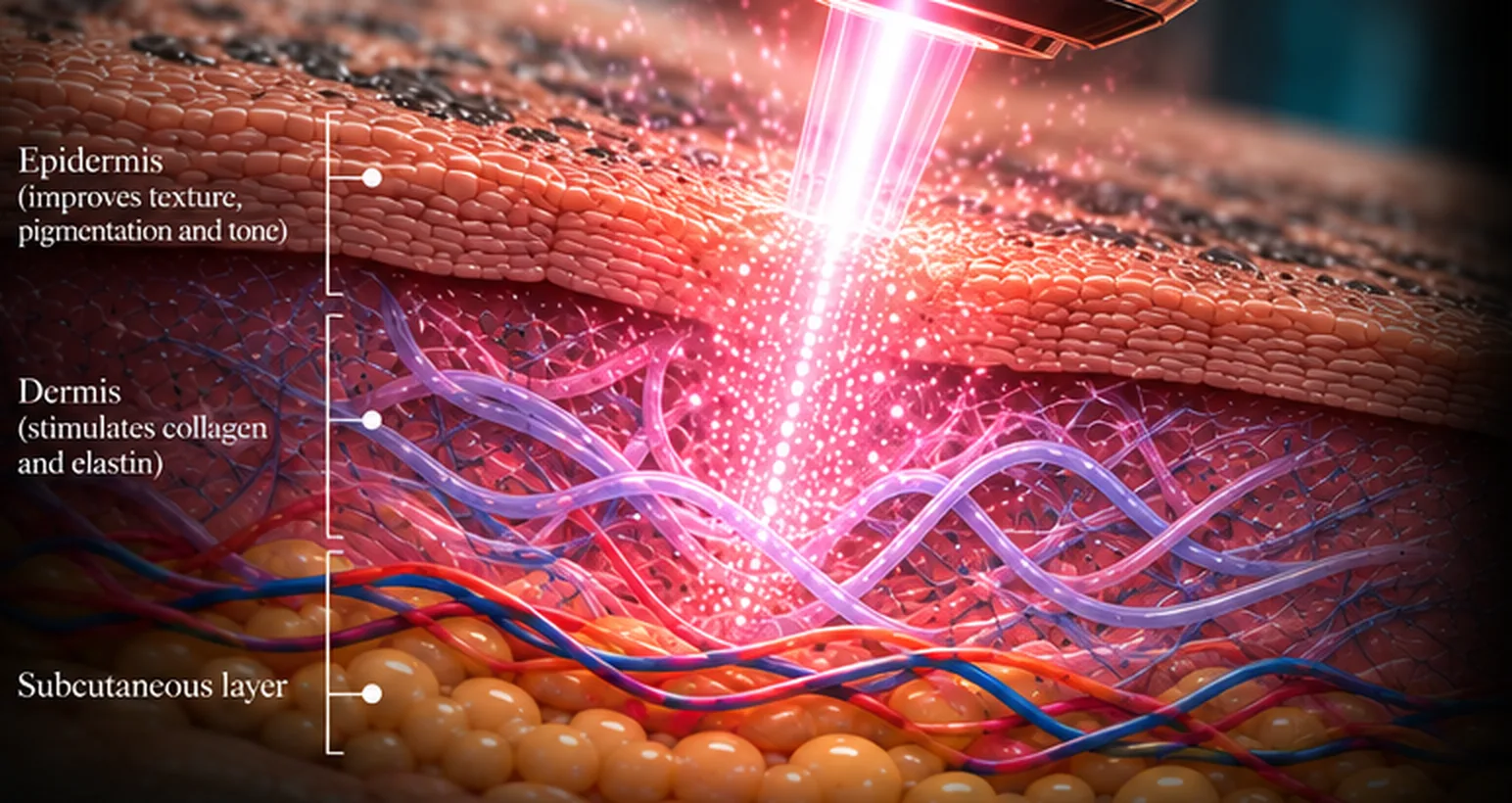 Illustration of picosecond laser pulses passing through the epidermis into the dermis, with the subcutaneous layer shown beneath