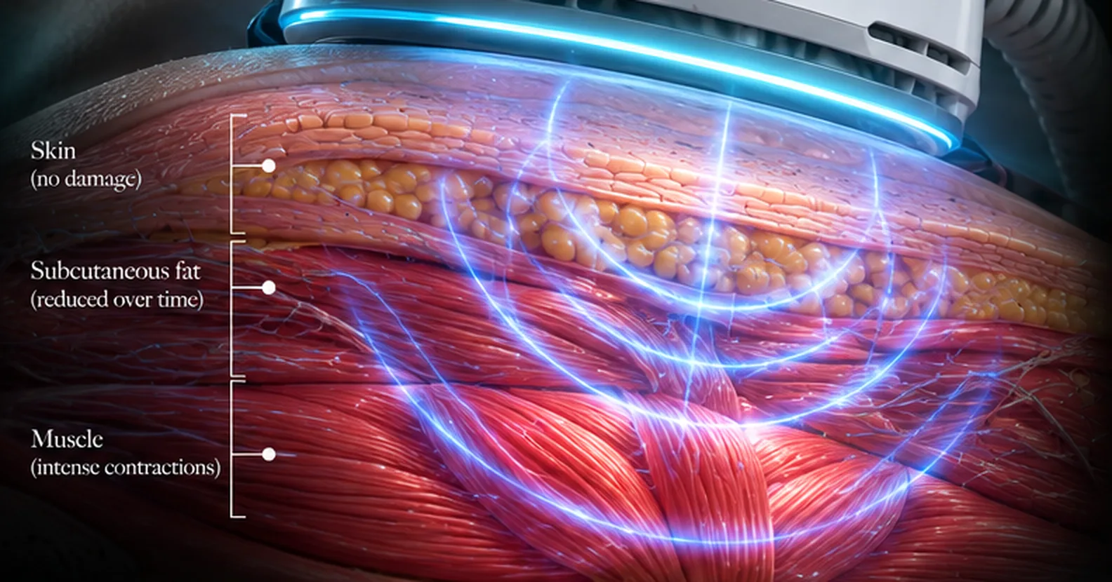 Illustration of energy passing from a treatment handle through the skin and fat layer to the muscle beneath