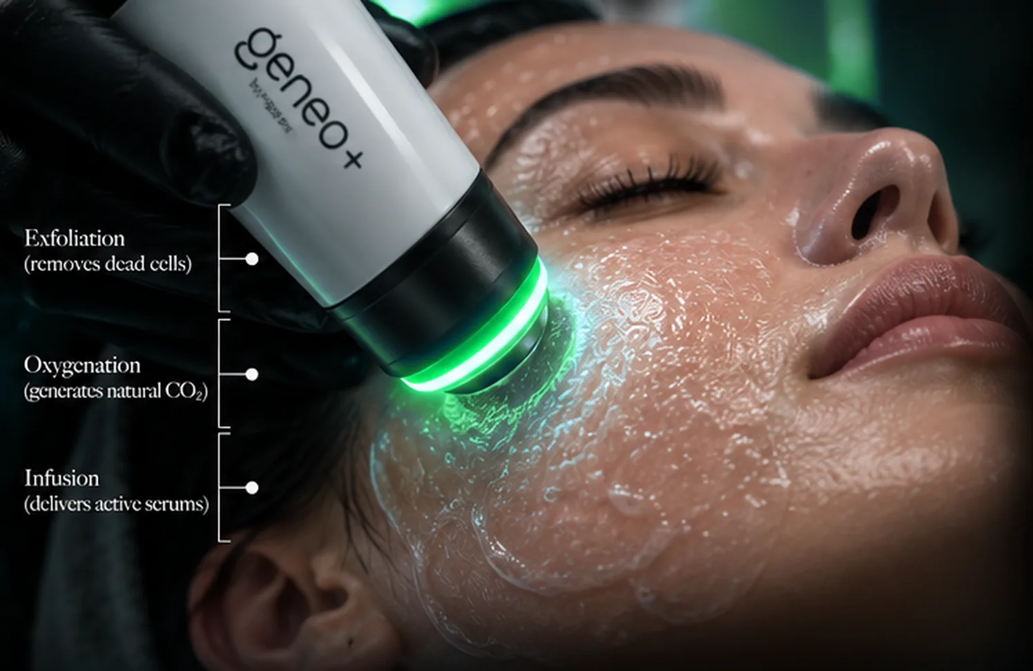 Illustration of a facial treatment handpiece on cleansed skin, with the stages of exfoliation, oxygenation and infusion labelled