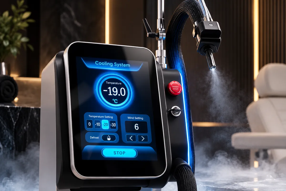The clinic's cold air cooling unit, its screen showing minus 19 degrees, with chilled air flowing from the nozzle