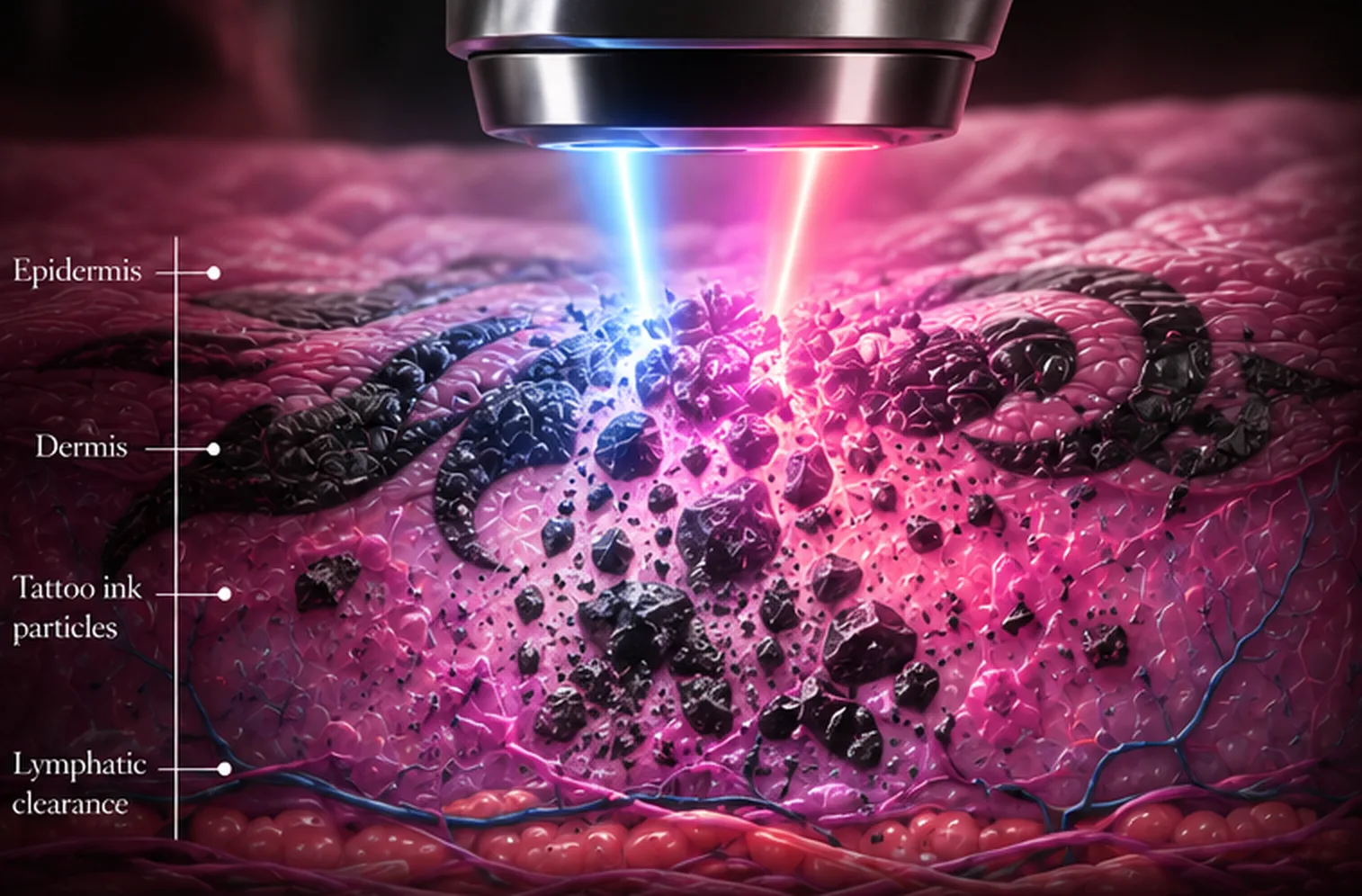 Illustration of a picosecond laser over a cross-section of skin, showing a tattoo in the dermis breaking into tiny ink particles that the lymphatic system clears